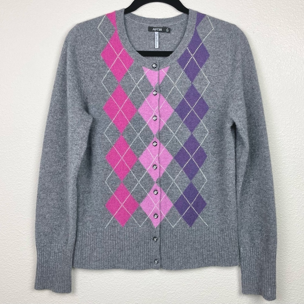 Apt.9 Women's Medium 100% Cashmere Argyle Button Front Cardigan Sweater Academia